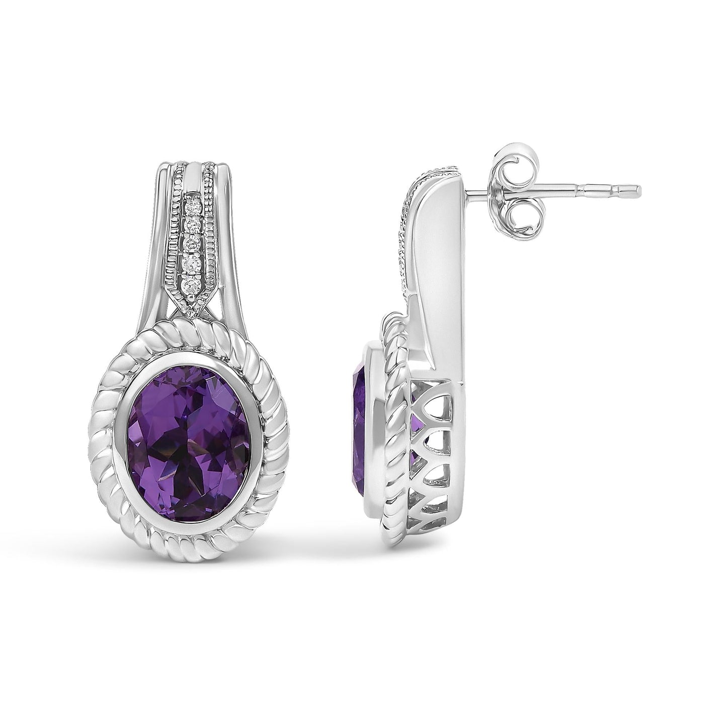 Amethyst & Diamond Accent Rope Design Drop Earrings in Sterling Silver – Oval Cut