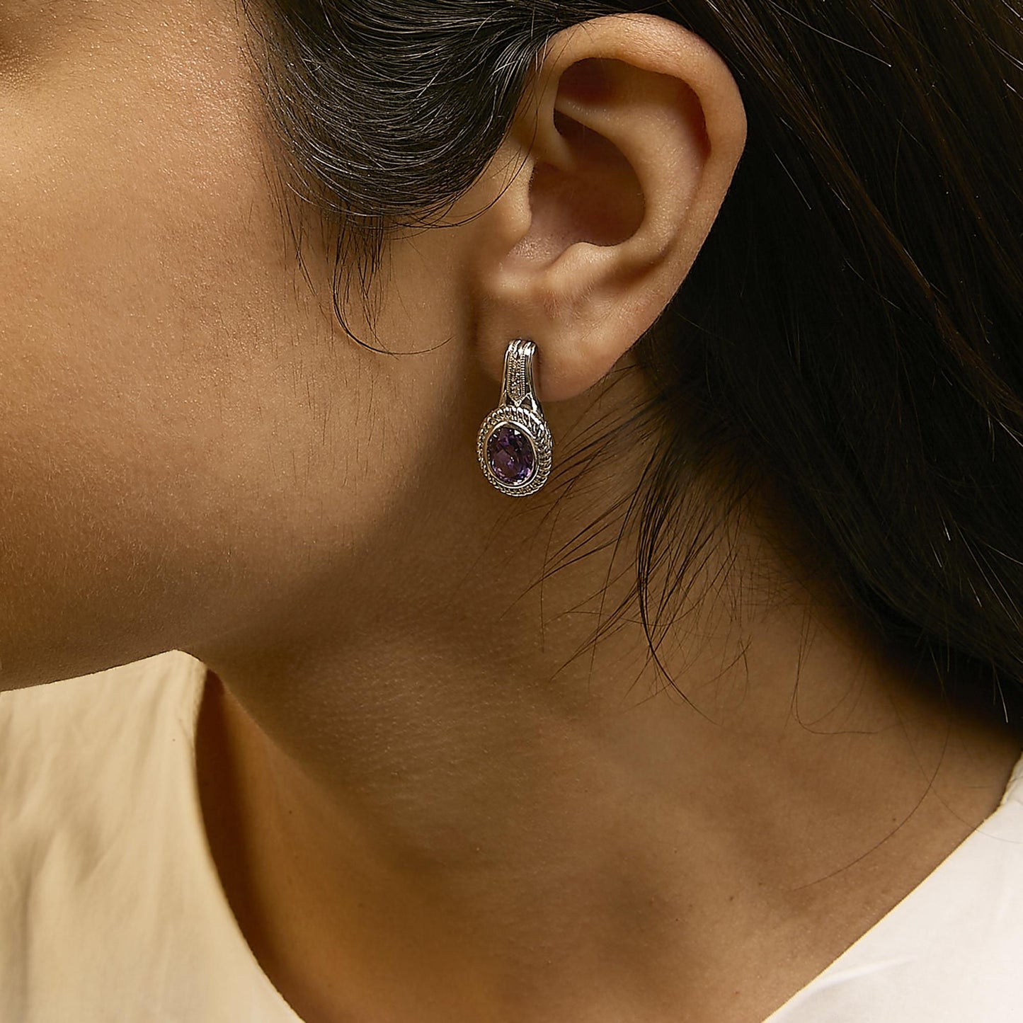 Amethyst & Diamond Accent Rope Design Drop Earrings in Sterling Silver – Oval Cut