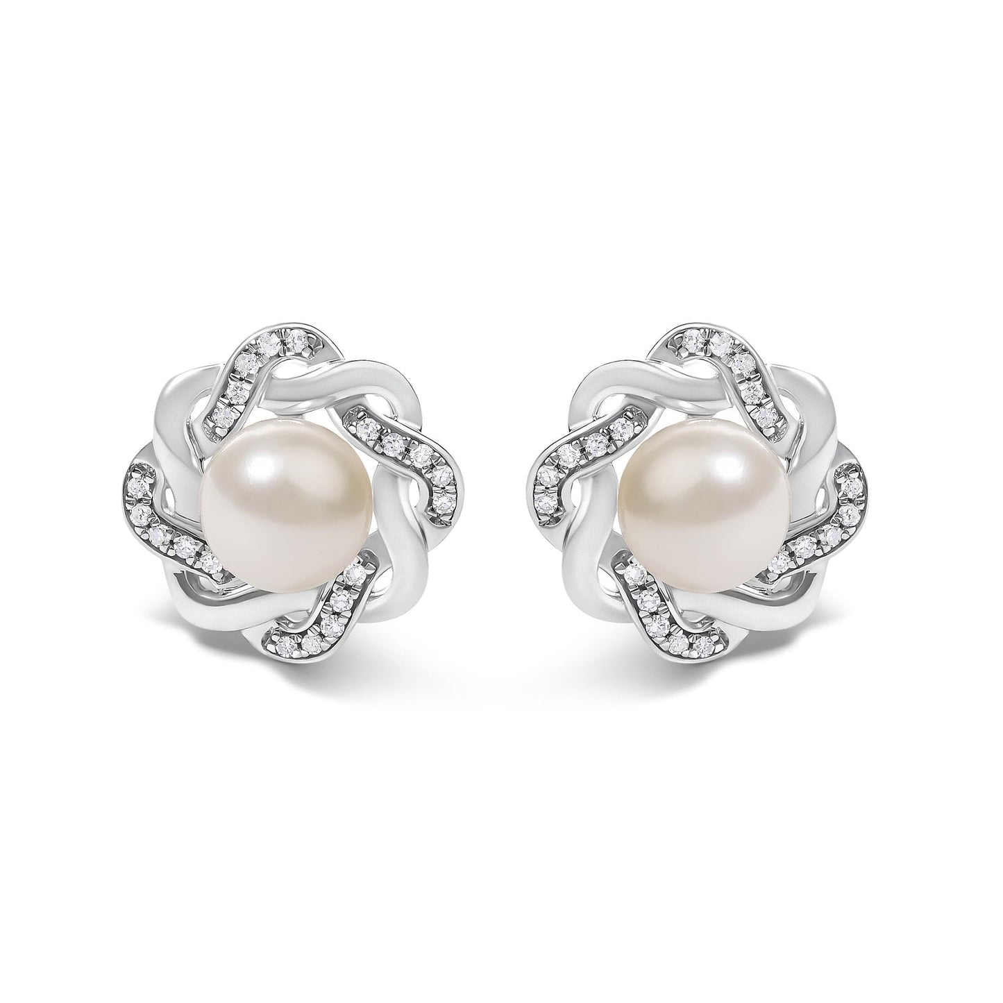 Pearl & Diamond Floral Twist Stud Earrings in Sterling Silver – 0.10 Cttw