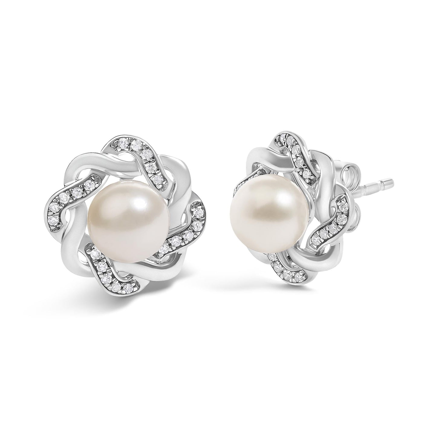 Pearl & Diamond Floral Twist Stud Earrings in Sterling Silver – 0.10 Cttw