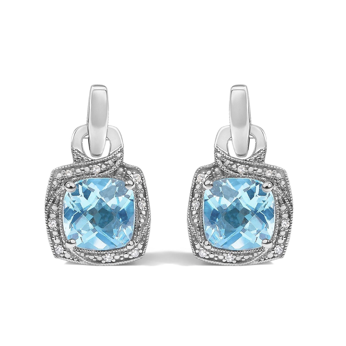 Blue Topaz & Diamond Accent Geometric Dangle Earrings in Sterling Silver – Cushion Cut