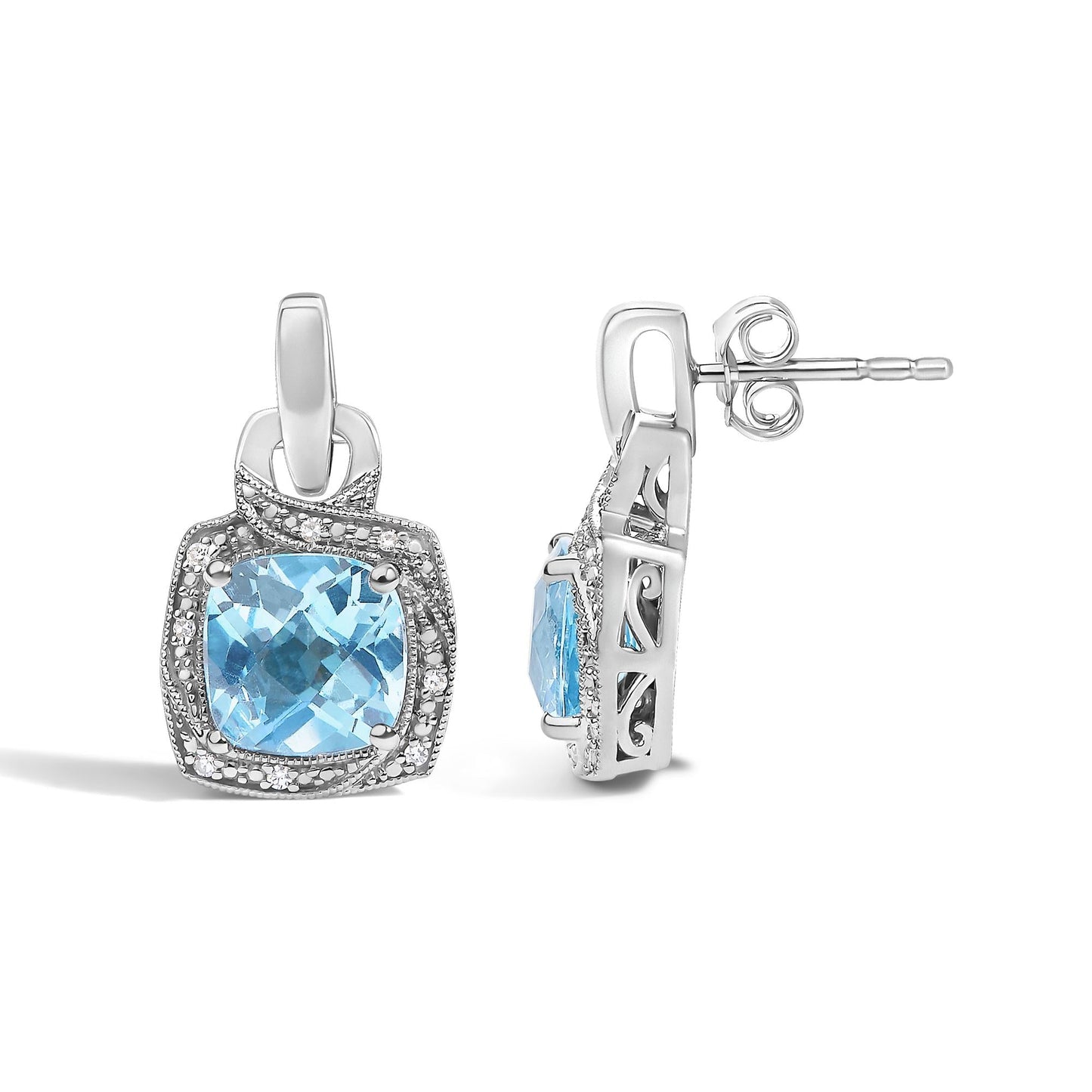 Blue Topaz & Diamond Accent Geometric Dangle Earrings in Sterling Silver – Cushion Cut