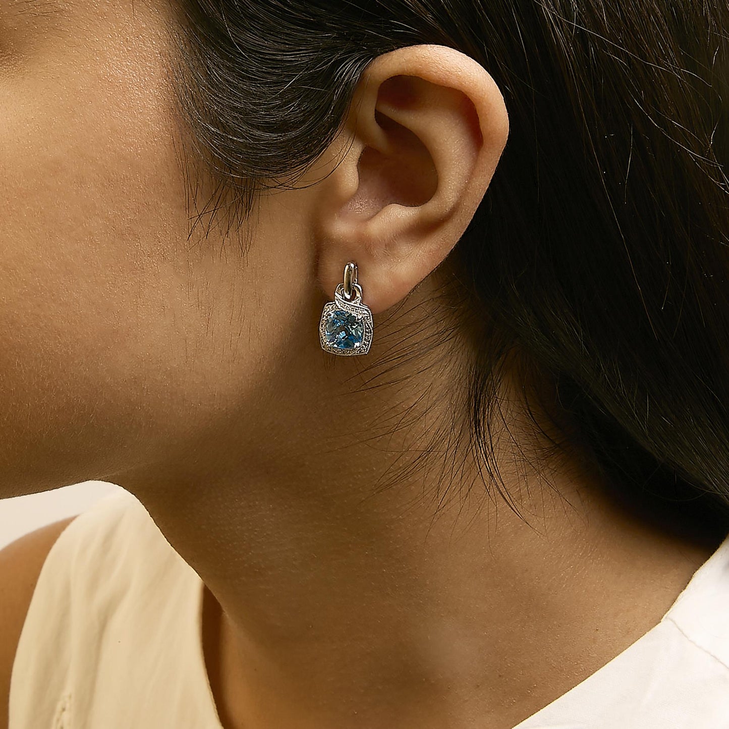 Blue Topaz & Diamond Accent Geometric Dangle Earrings in Sterling Silver – Cushion Cut