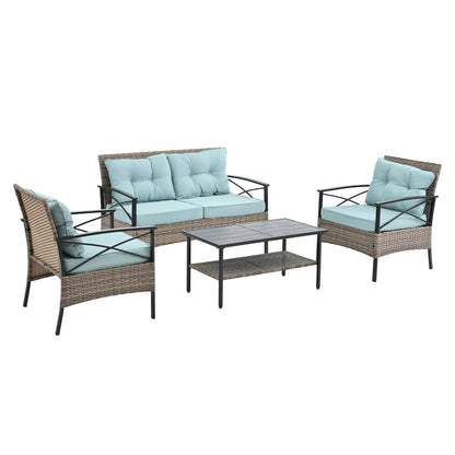 Outdoor Patio Set PE Rattan Brown 4 Piece Cushioned