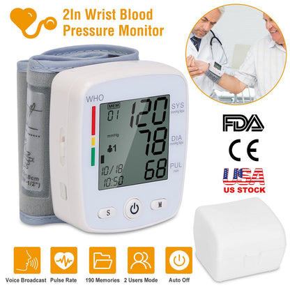 Blood Pressure Monitor Wrist Digital High Blood Pressure Cuff Heartbeat Tester w/ 90x2 Reading Memory 2In LCD Screen Storage Box