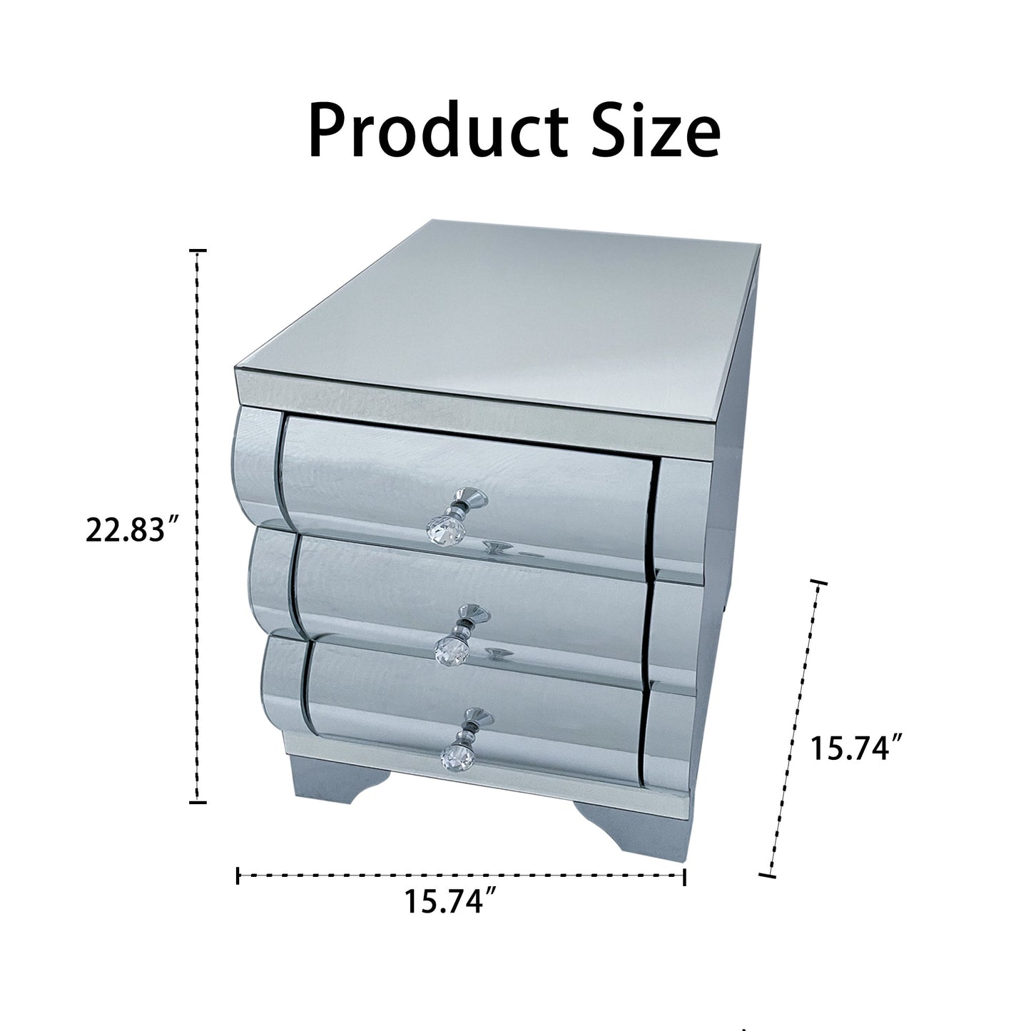 Curved Mirror Nightstand with 3-Drawer Glass Bedside Table, Silver, Bedroom