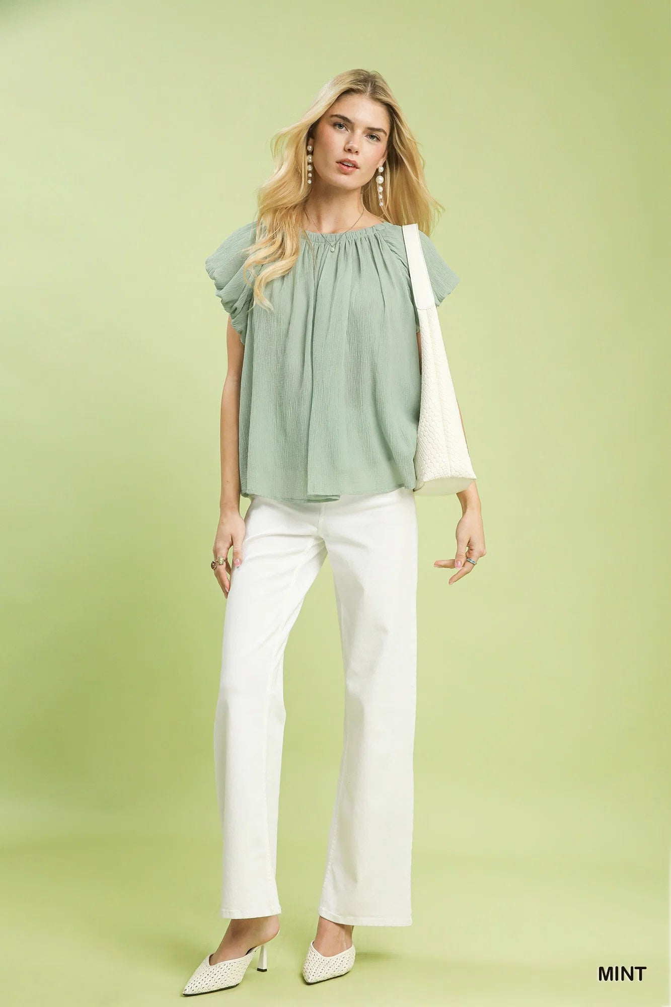 Umgee Crinkle Flutter Sleeve Peasant Top