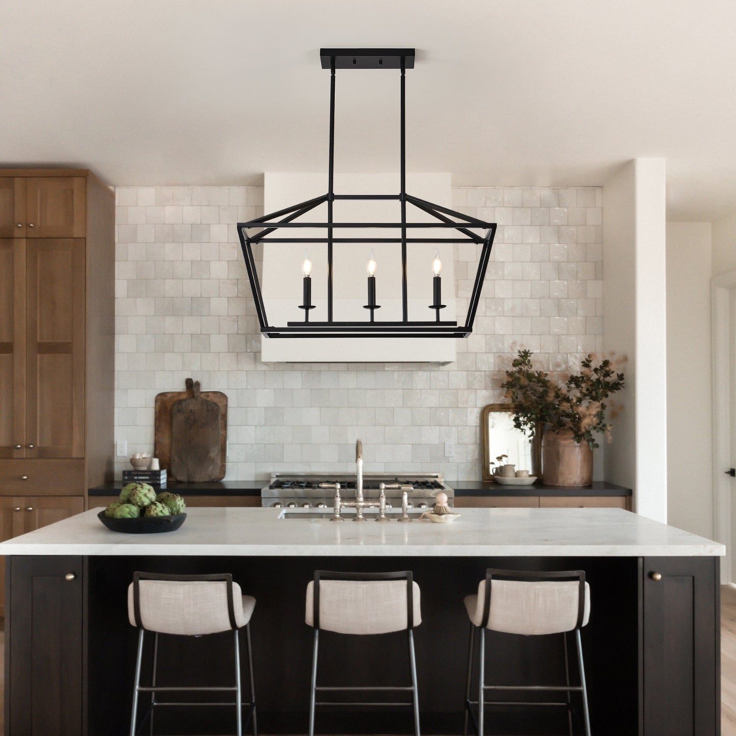 Chandelier Industrial Linear 3-Light Matte Black Metal Pendant Kitchen