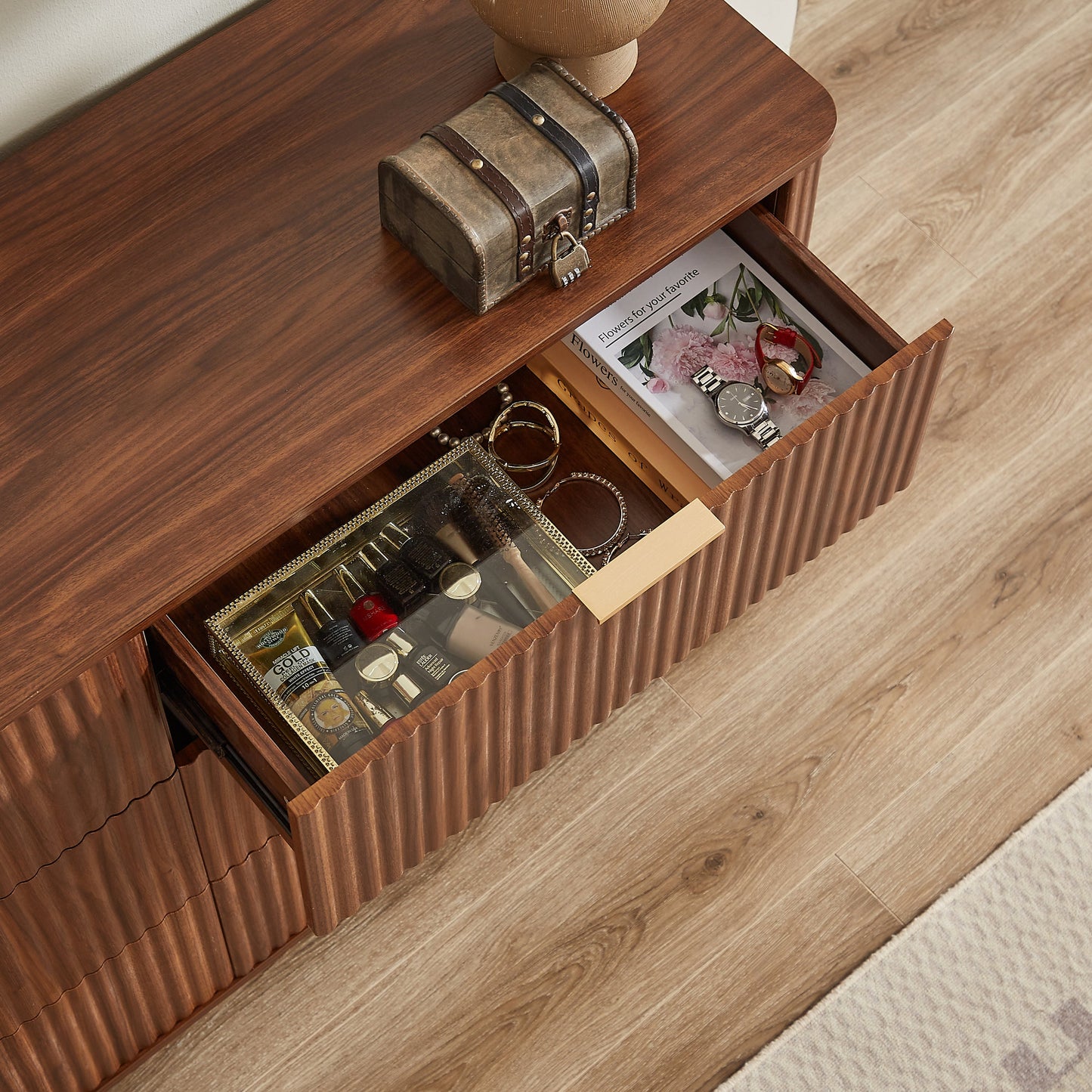 Dresser Modern 6-Drawer Walnut MDF Wave Texture 55.1x15.75x31.5 In 150 LB