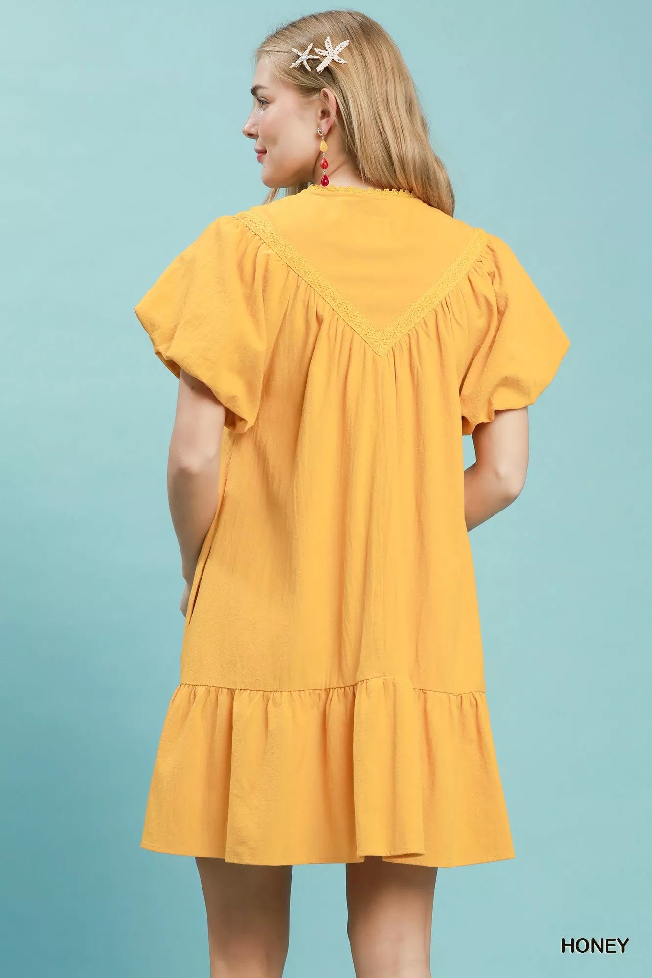 Umgee Flutter Sleeve Tassel Tie Ruffle Hem Mini Dress