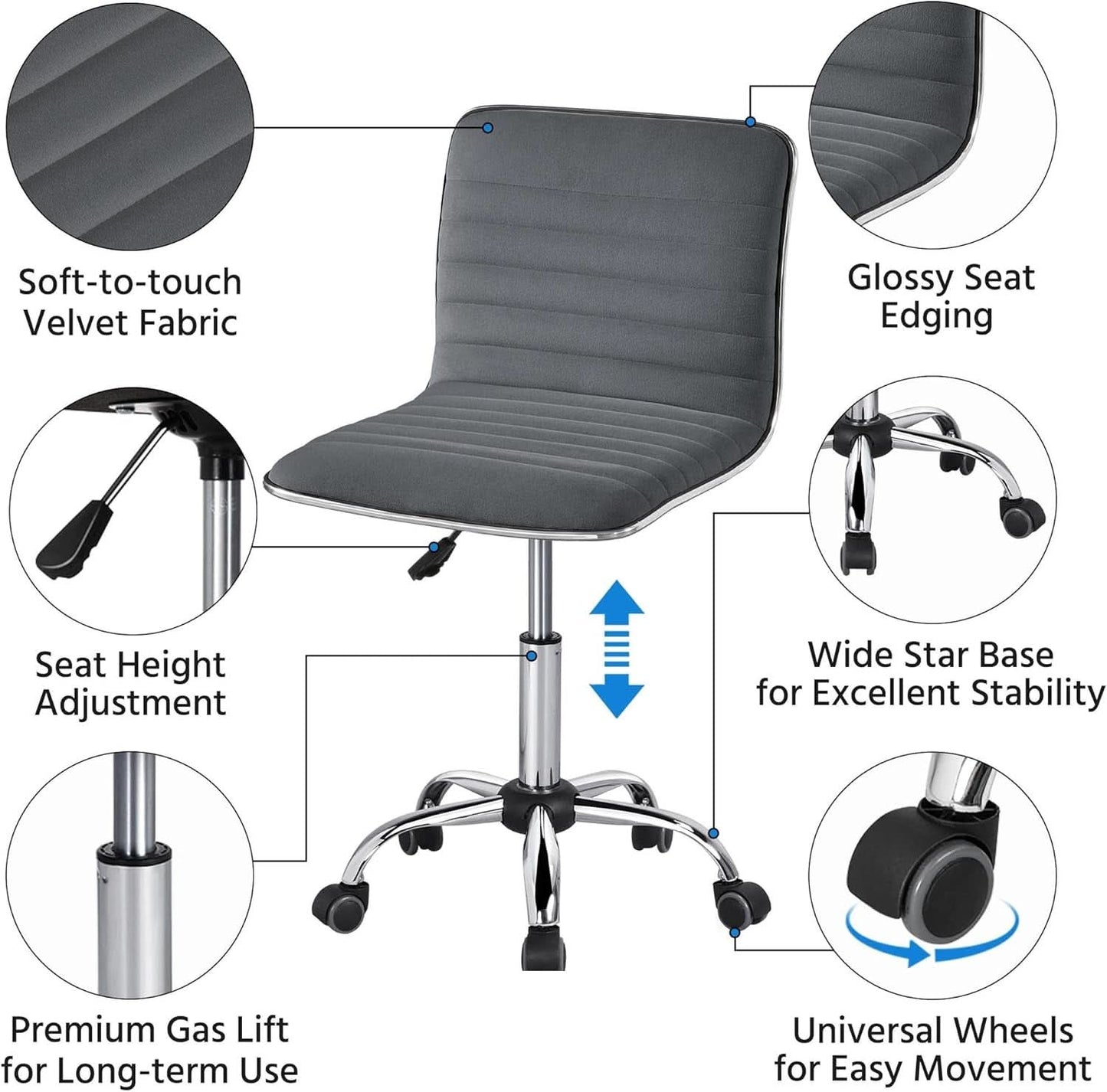 Dark Gray Velvet Armless Swivel Chair Height Adjustable