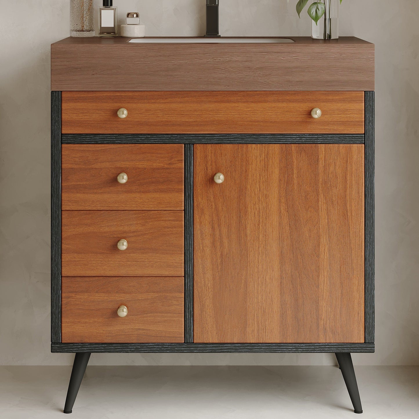 Mid-Century Modern Free-Standing Bathroom Vanity with Ceramic Sink & Sintered Stone Top
