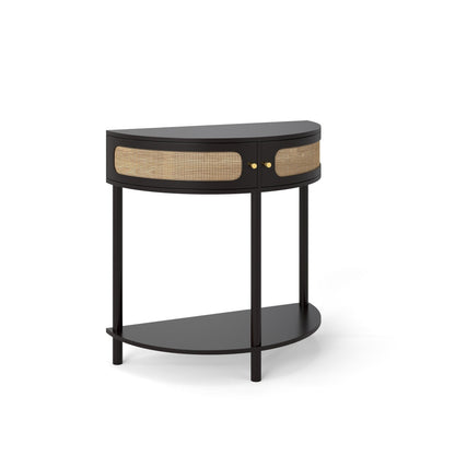 Half-Moon Console Table with Rattan Sliding Doors | Boho Semicircle Entryway Table with 2 Storage Cabinets & Bottom Shelf