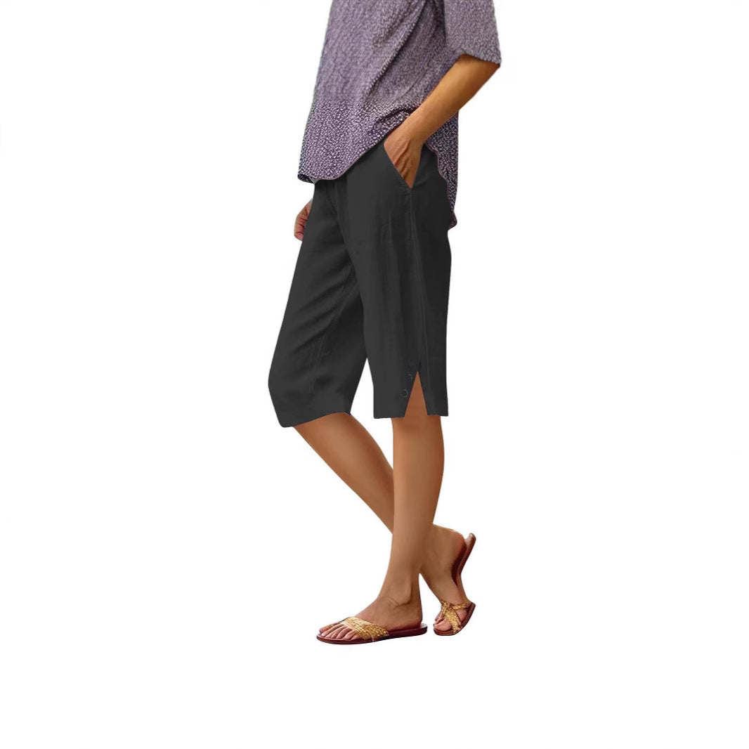 Casual Loose-fit Cotton-linen Drawstring Shorts With Pockets