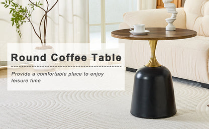 23.6 in Round Side Table, Metal Base, Walnut Wood Grain, Living Room Office