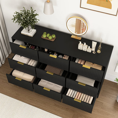 Dresser Classic 9-Drawer Black Particle Board Gold Handles 63x15.74 In