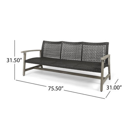Outdoor Sofa Acacia Wood Wicker 3 Seater Gray 75.5in