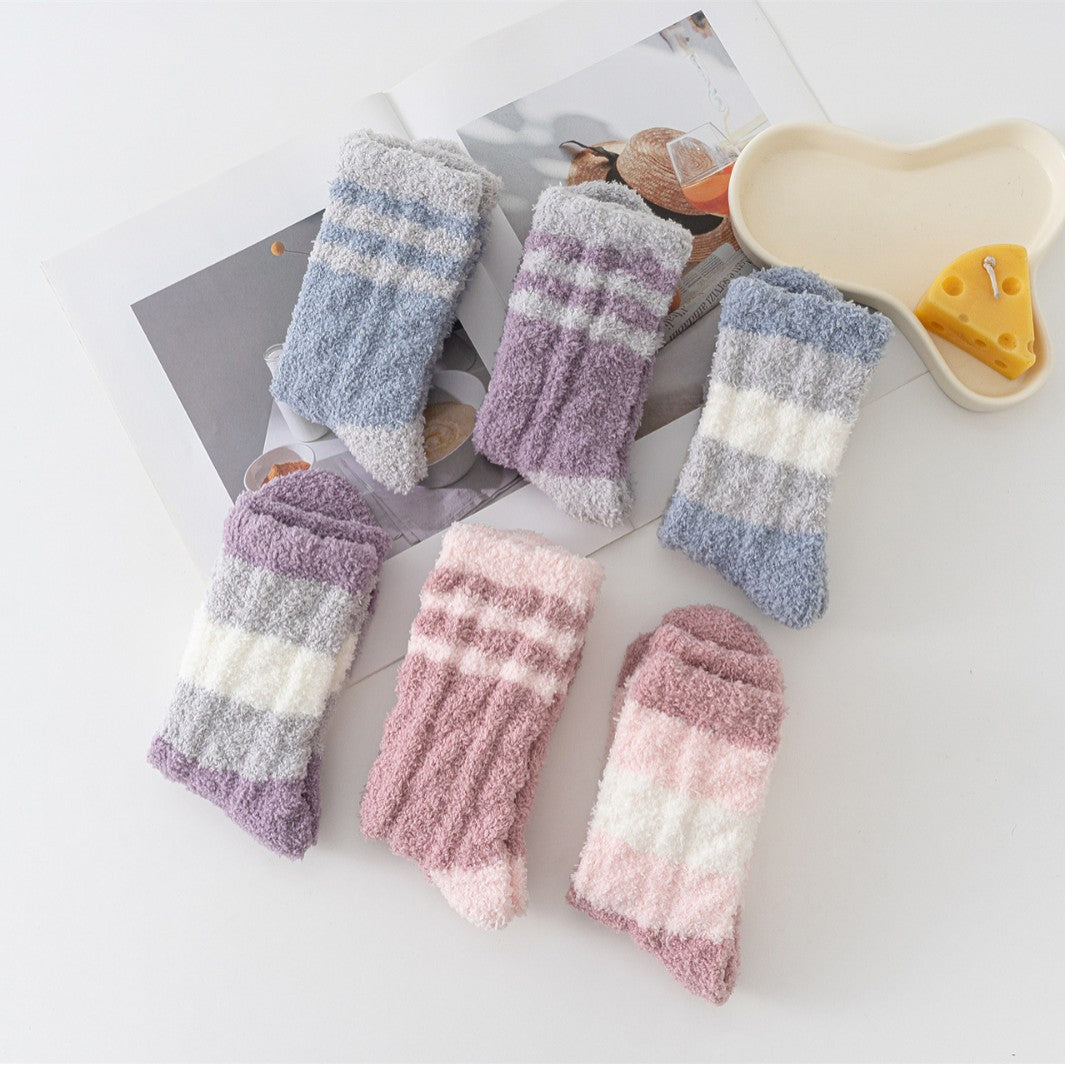 Striped Mid-calf Thickened Warm Coral Fleece Socks