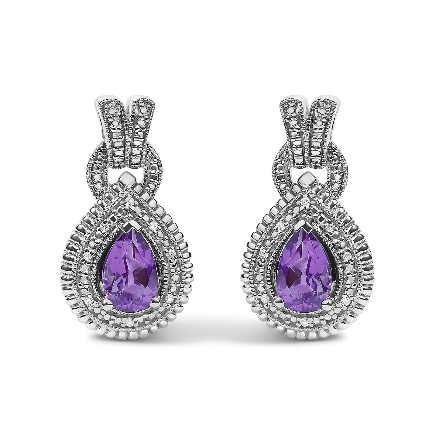 Amethyst & Diamond Accent Teardrop Stud Earrings in Sterling Silver – Pear Cut