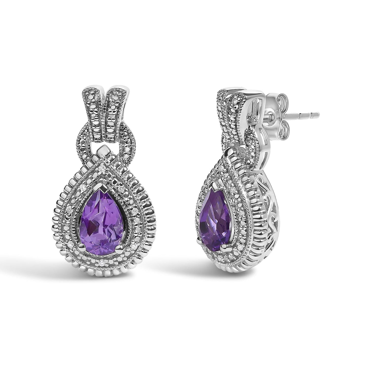 Amethyst & Diamond Accent Teardrop Stud Earrings in Sterling Silver – Pear Cut