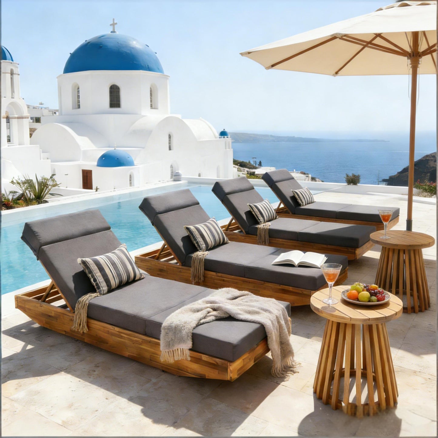 Outdoor Chaise Lounge Acacia Wood Teak Dark Gray Cushion Foldable 300 LB