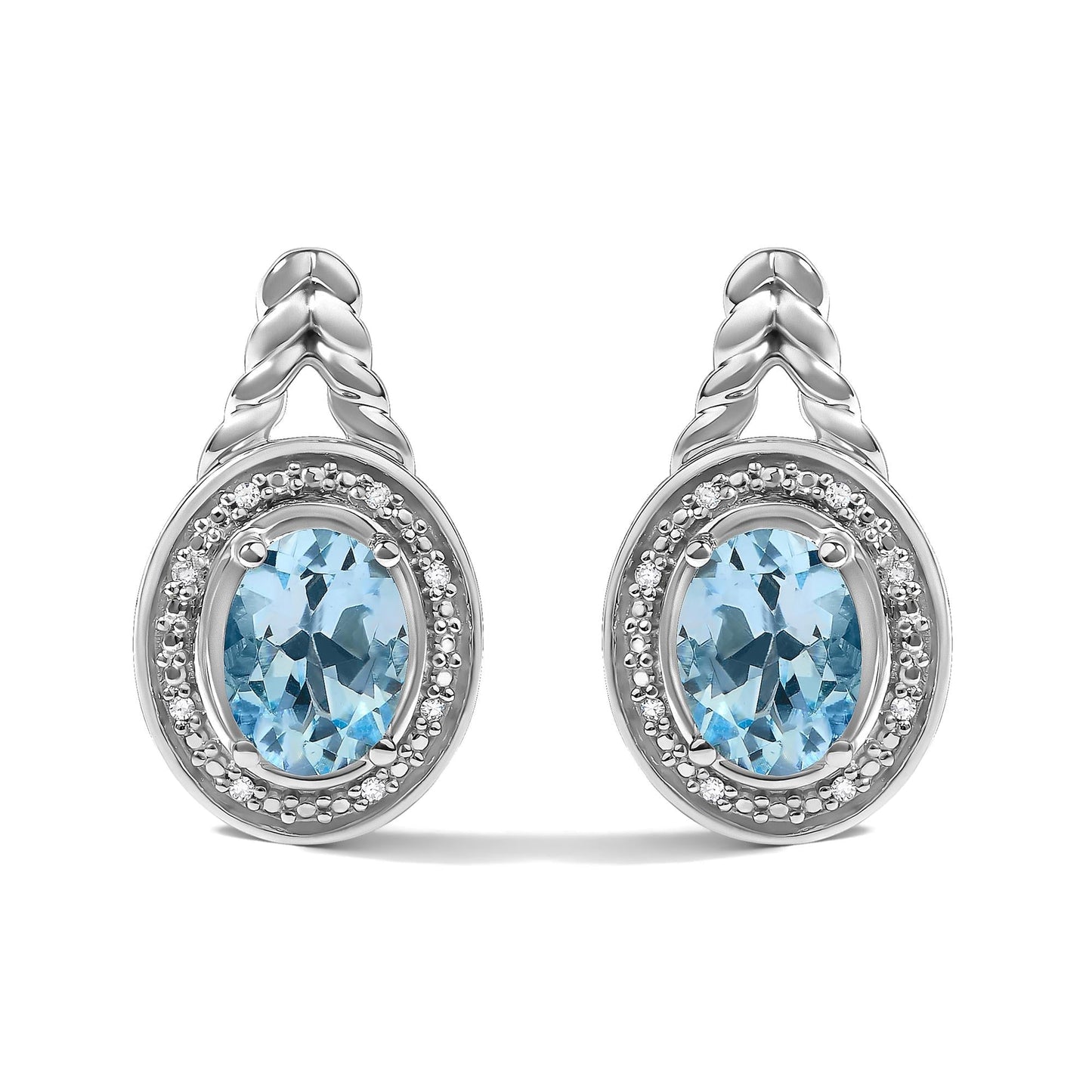 Blue Topaz & Diamond Halo Twist Drop Earrings in Sterling Silver – Oval Cut