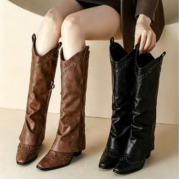 Retro Pointed-Toe Rivet Plus-Size Western Boots