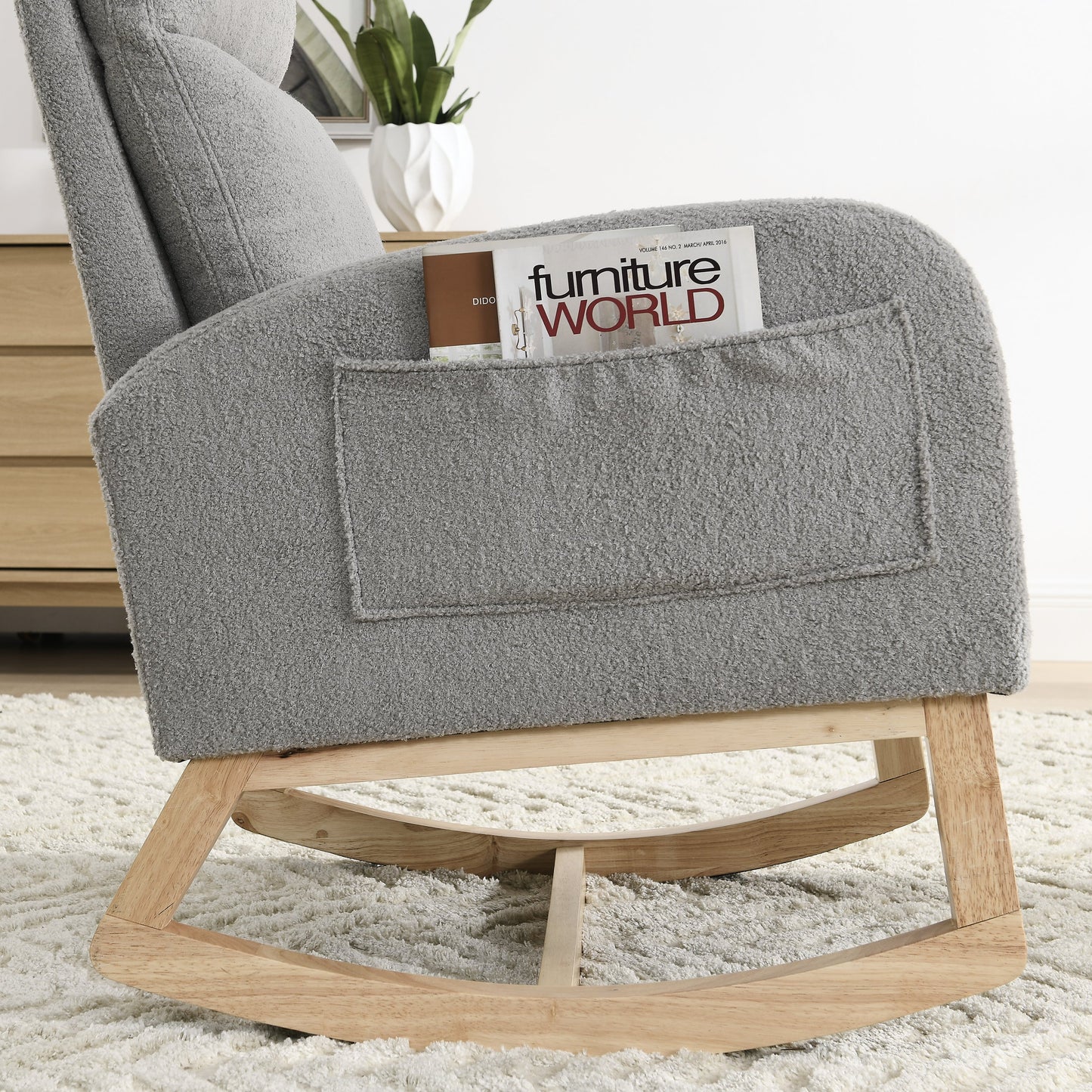 Gray Teddy Fabric Rocking Chair High Back Side Pockets 27.6
