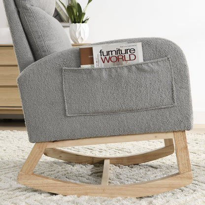 Gray Teddy Fabric Rocking Chair High Back Side Pockets 27.6
