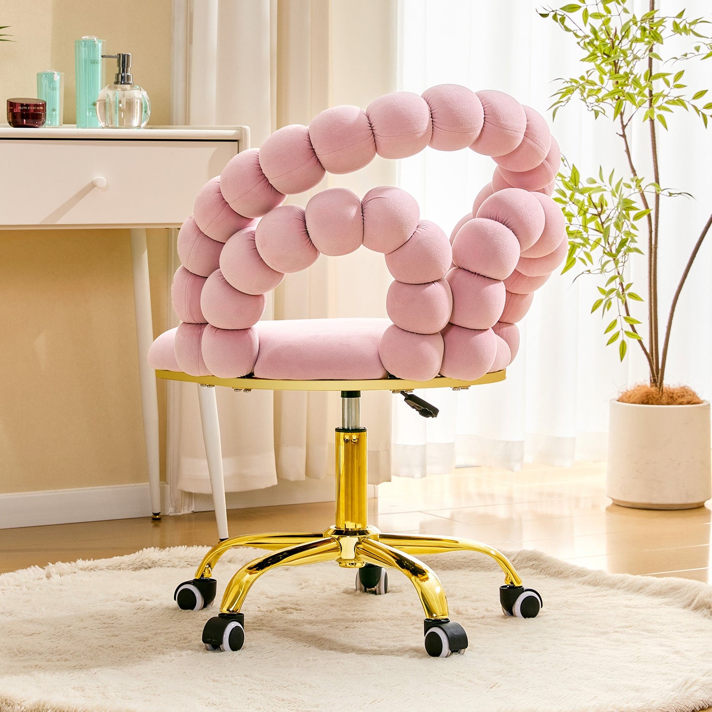 Pink Velvet Bubble Vanity Chair with Gold Base, 360 Swivel Height Adjustable