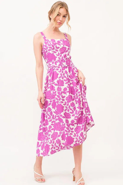 And The Why Square Neck Belted Floral Printed Midi Dress