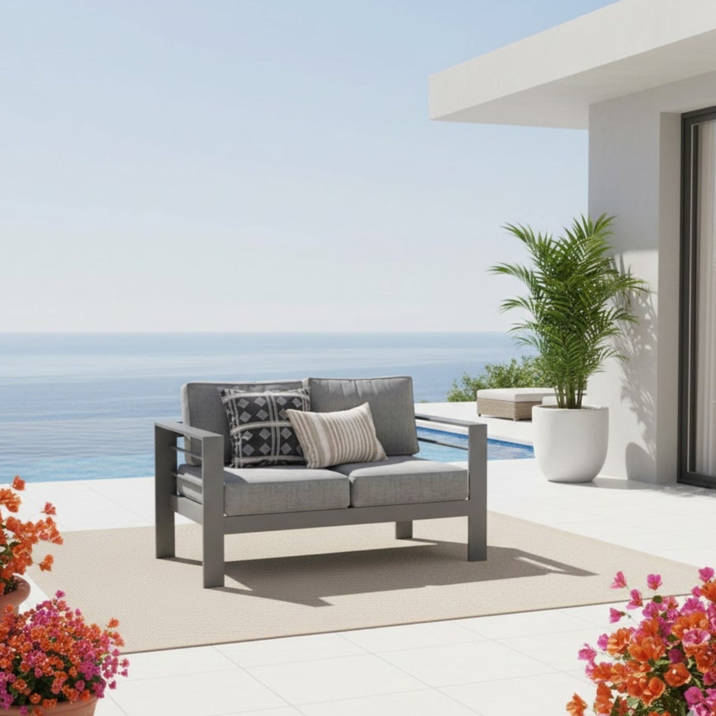 Outdoor Loveseat Aluminum Gray Dark Gray Olefin Cushions 50in