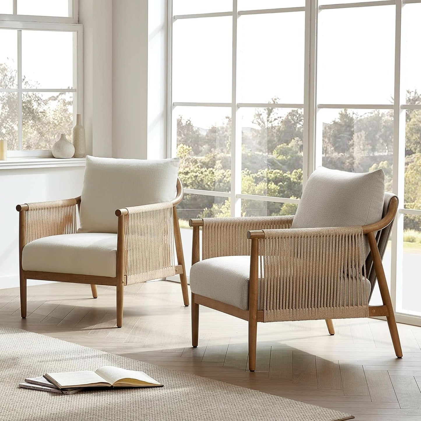 Cream Braided Accent Armchair With Wooden Armrests