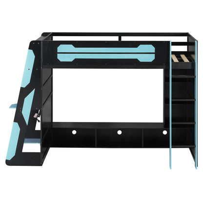 Twin Size Wood Loft Bed with Desk, Multi-storage Shelves and RGB Light, Cloud