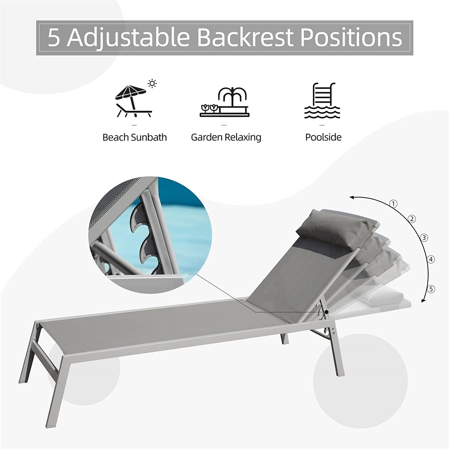 3 Piece Aluminum Chaise Lounge Set Gray Textilene 5 Position