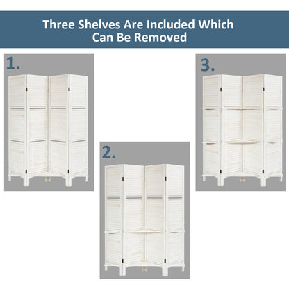 4 Panel Folding Room Divider Screen with 3 Display Shelves