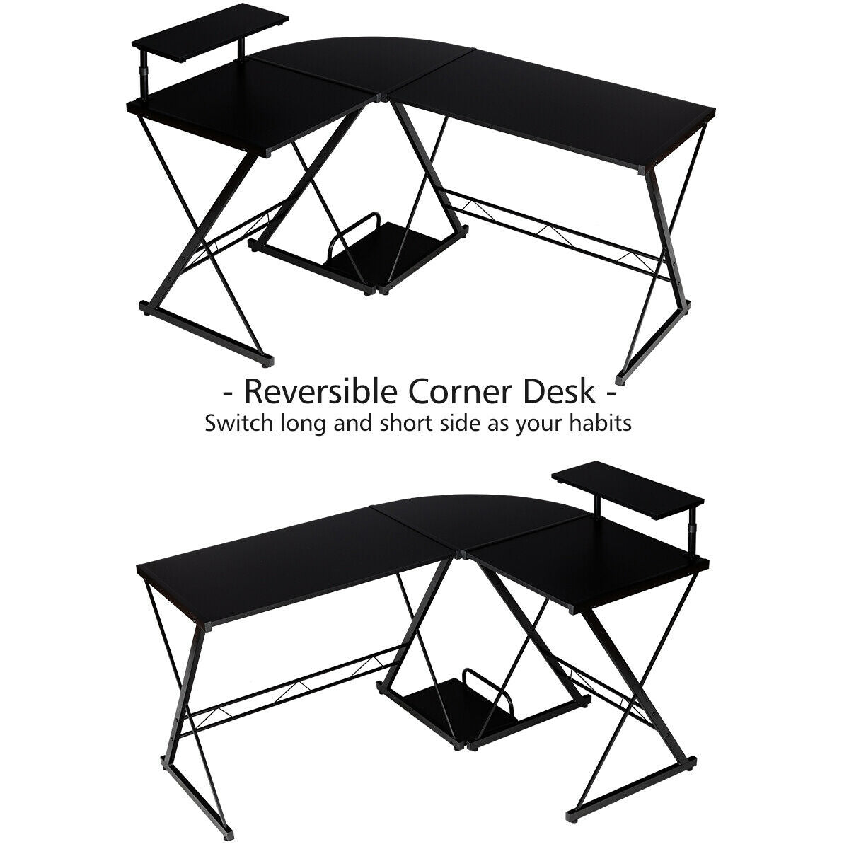 L-Shaped Desk Reversible Corner Computer Desk with Movable Shelf and CPU Stand
