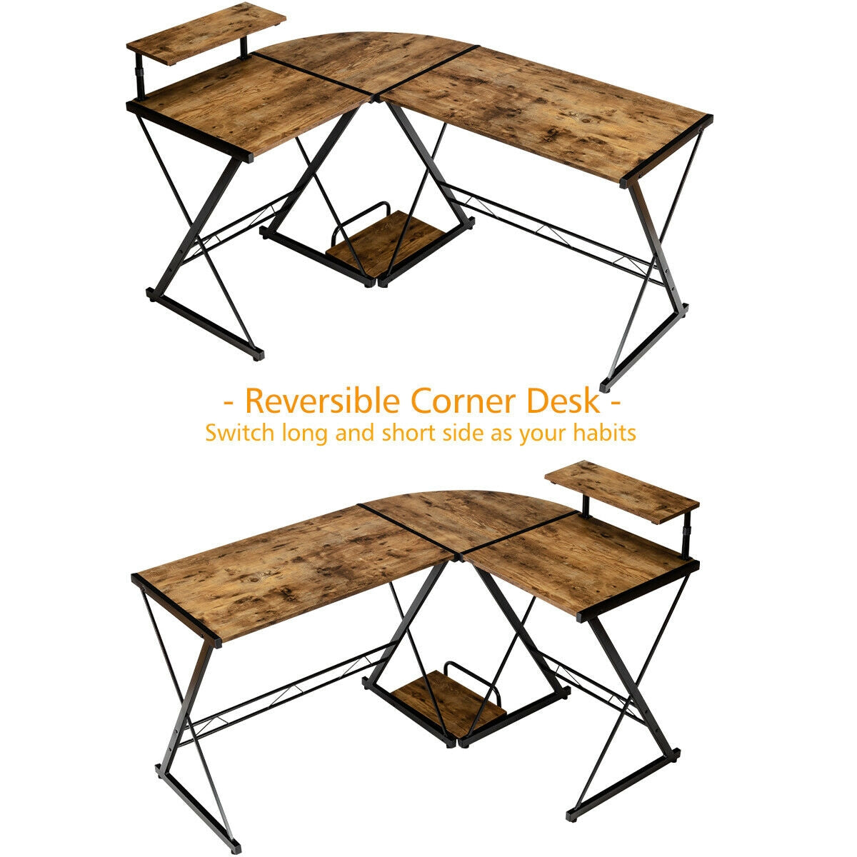 L-Shaped Desk Reversible Corner Computer Desk with Movable Shelf and CPU Stand
