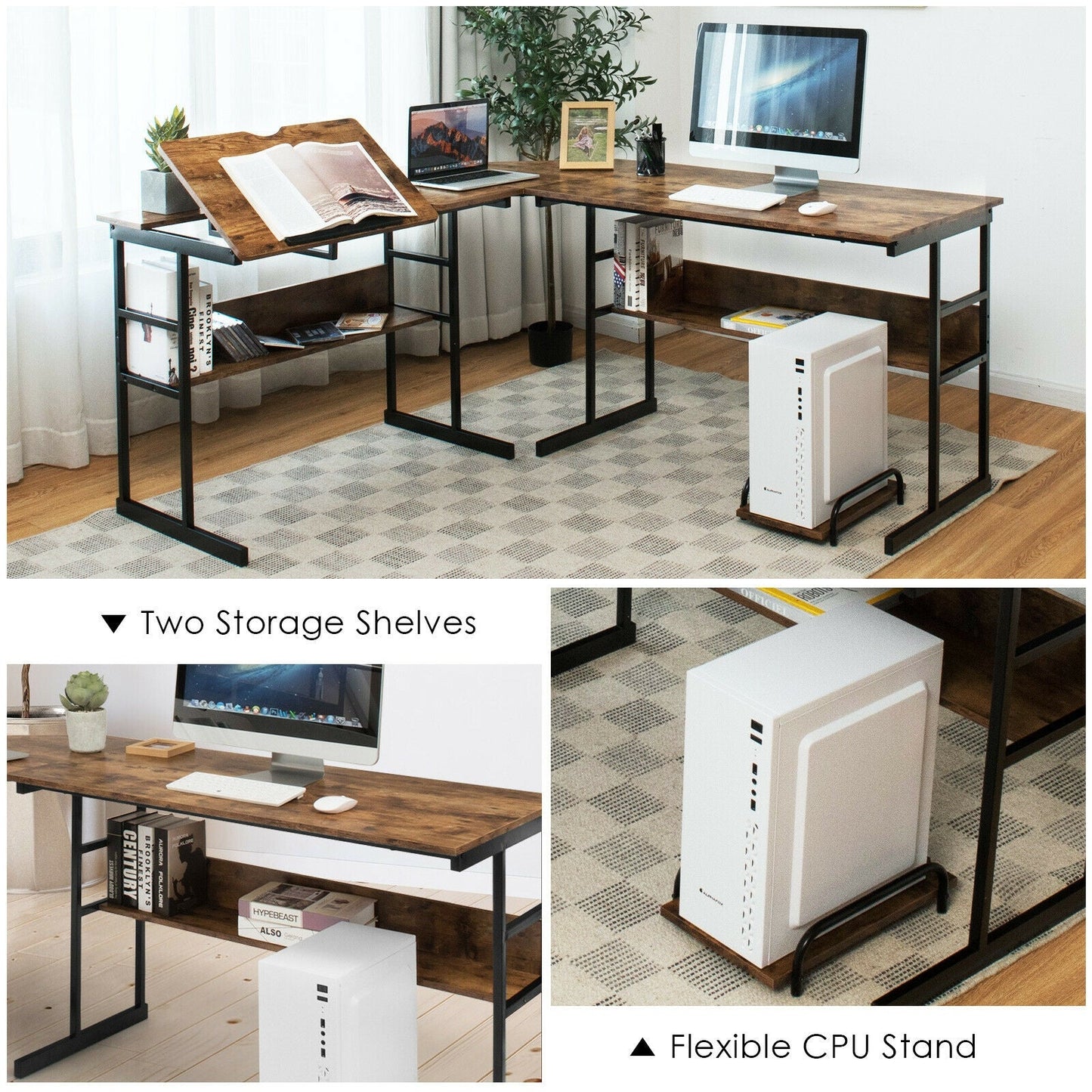 L-Shaped Computer Desk with Tiltable Tabletop