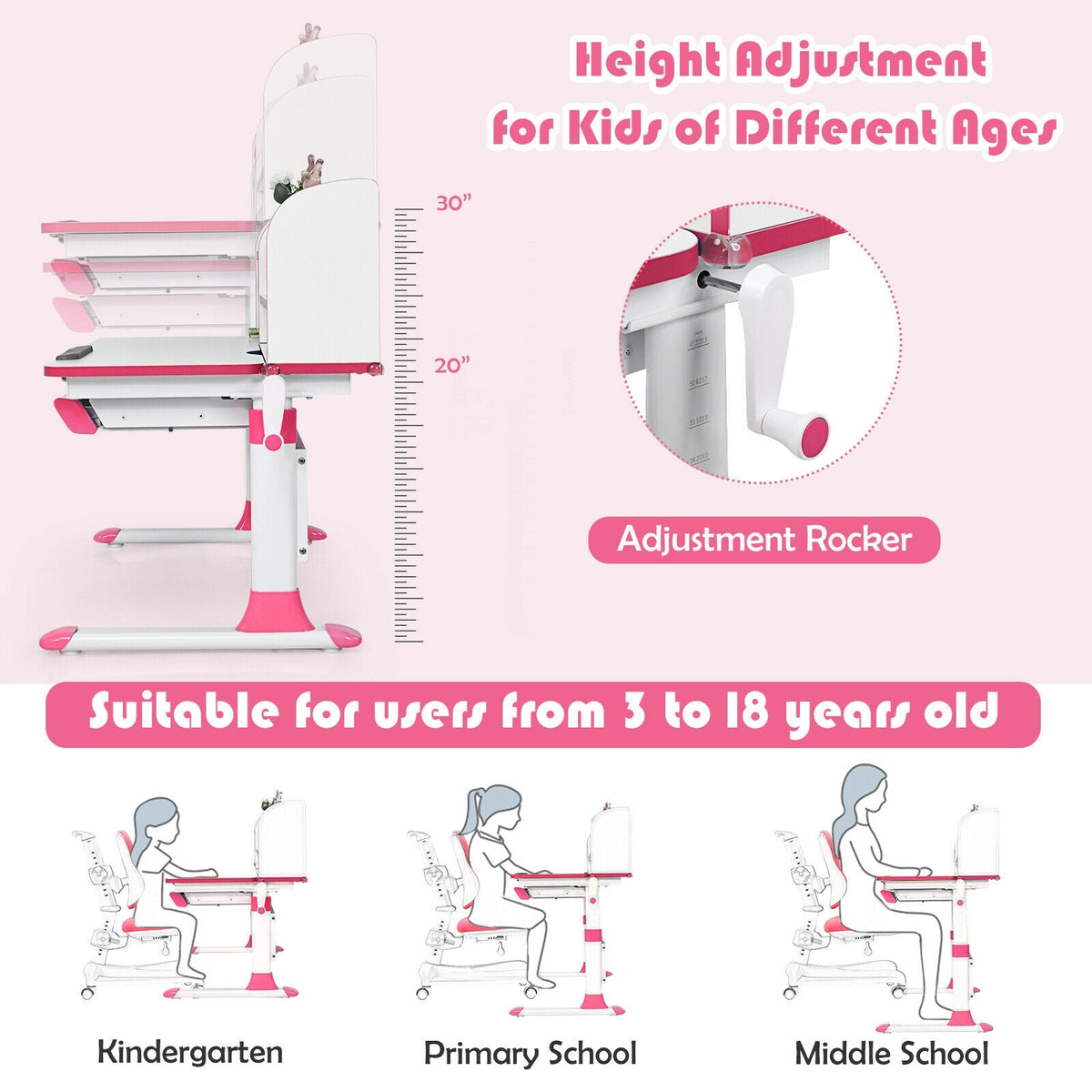 Adjustable Height Study Desk with Drawer and Tilted Desktop for School and Home