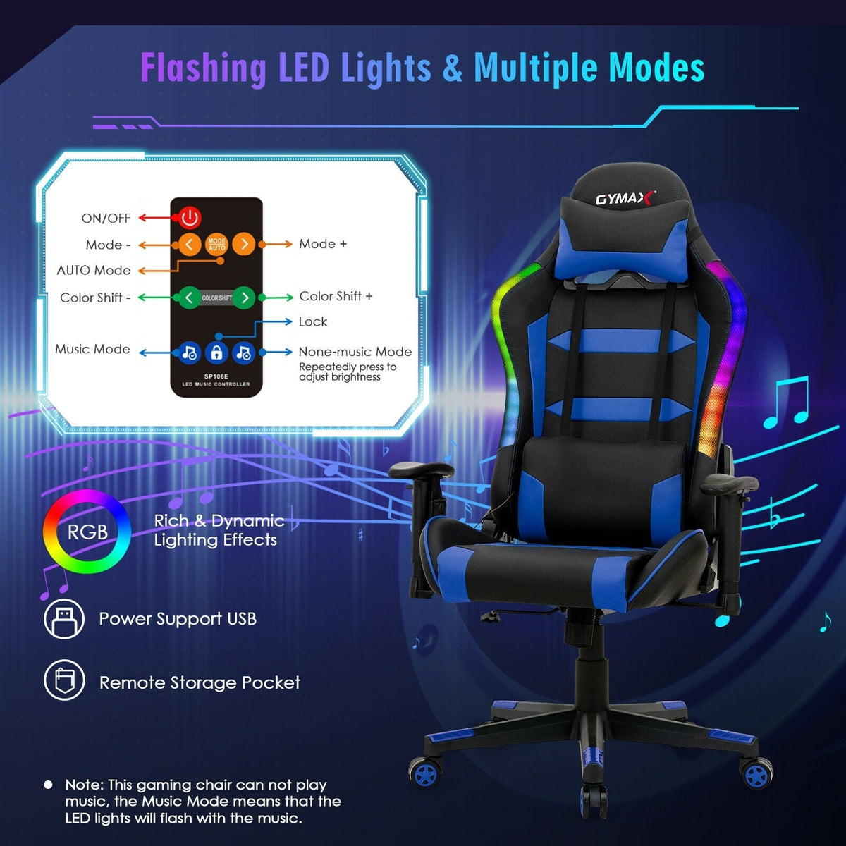 Adjustable Swivel Gaming Chair with LED Lights and Remote