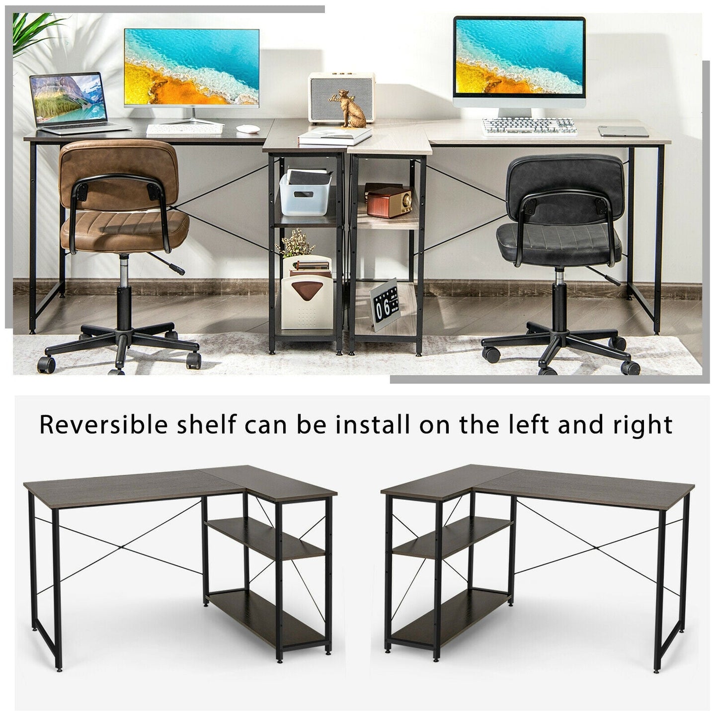 48 Inch Reversible L Shaped Computer Desk with Adjustable Shelf