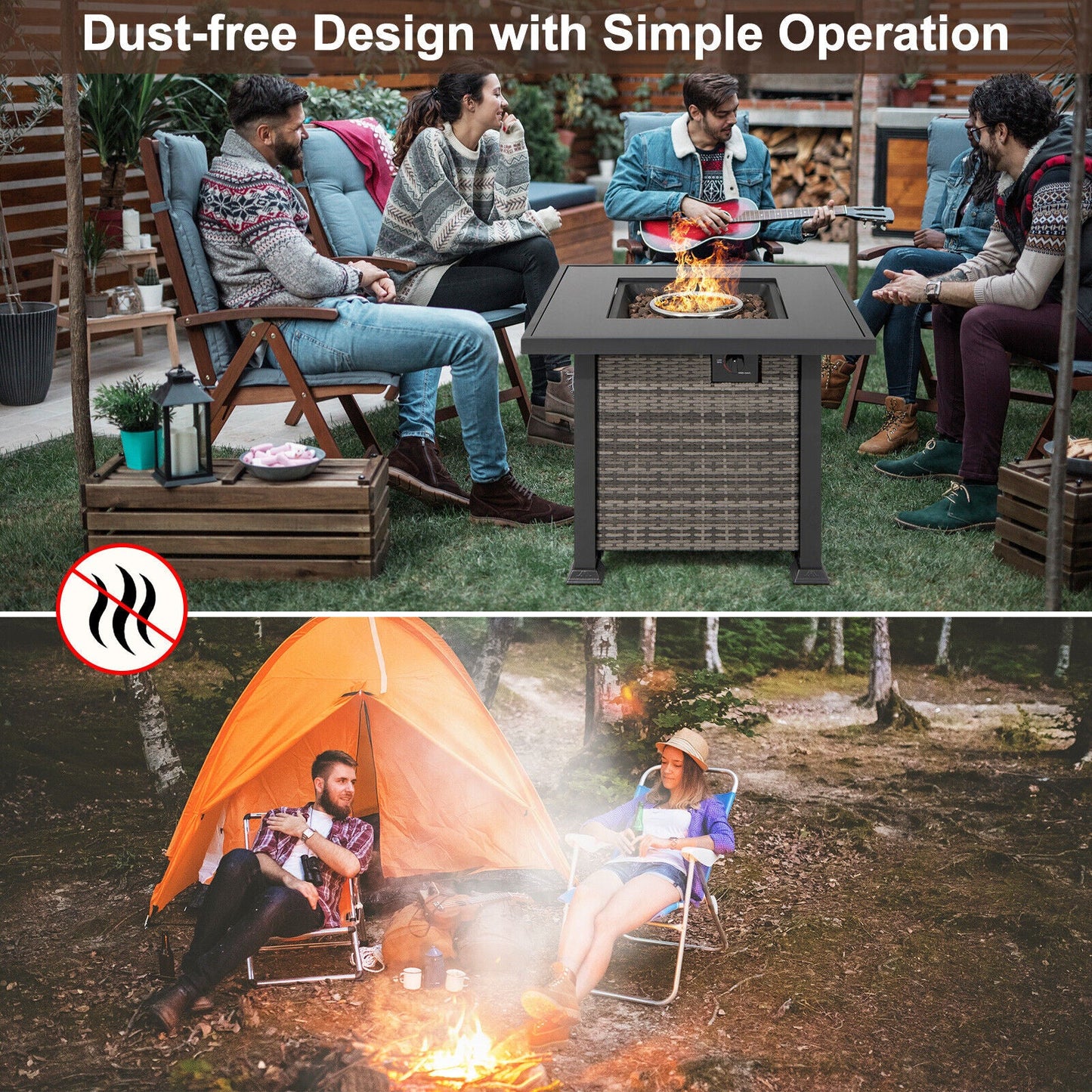 32 Inch Square Propane Fire Pit Table with Lava Rocks Cover