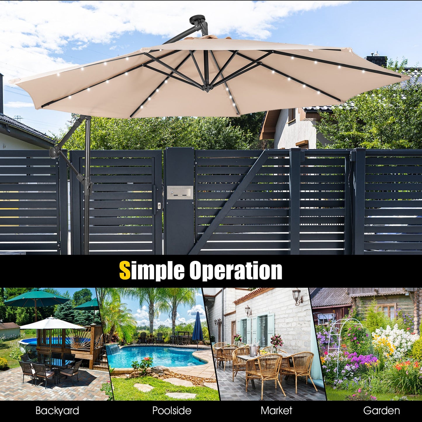 10 Feet Patio Solar Powered Cantilever Umbrella with Tilting System