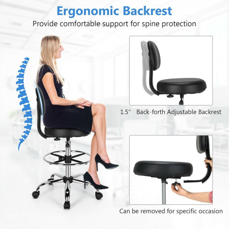 Swivel Drafting Chair with Retractable Mid Back and Adjustable Foot Ring-Black