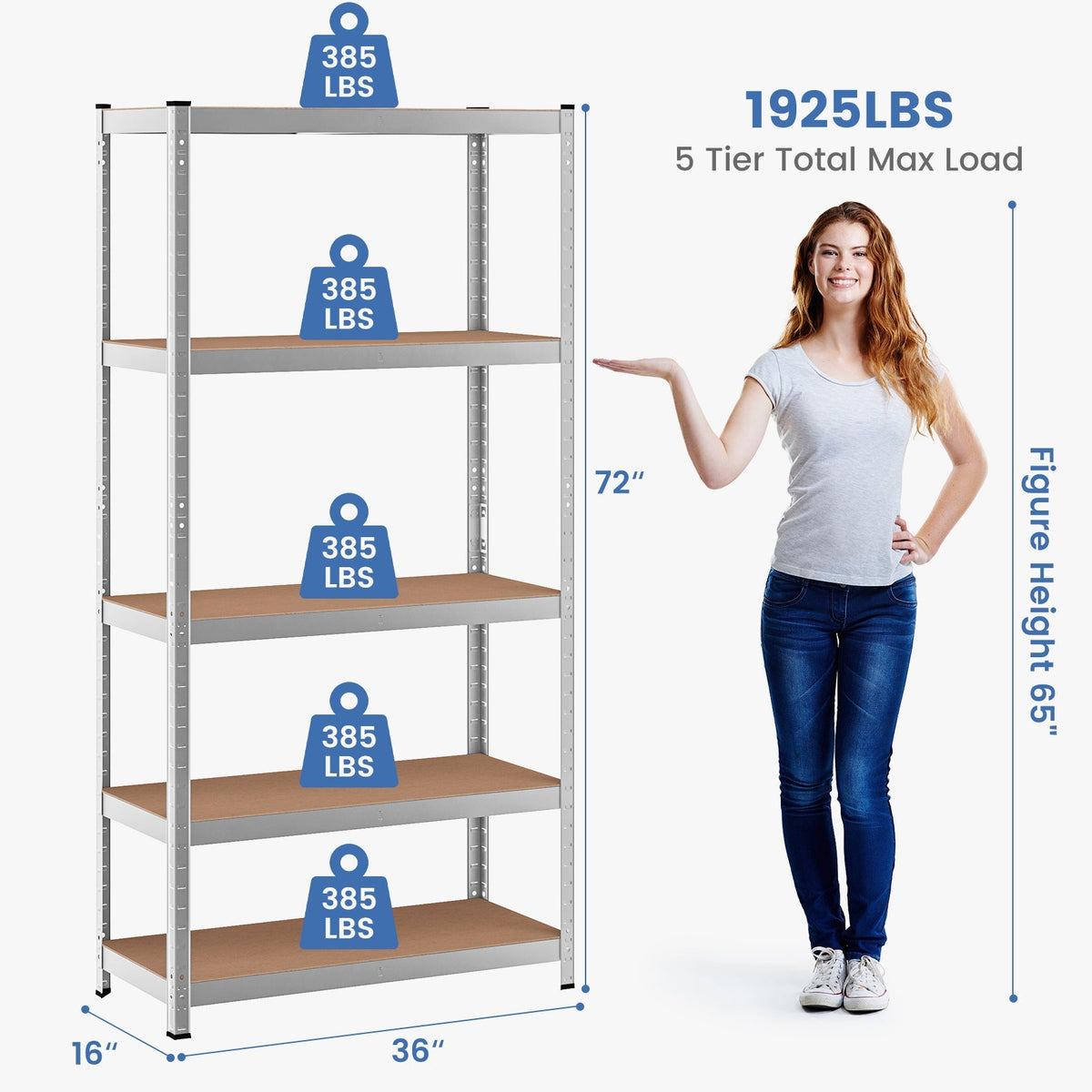 35.5 x 71 Inch Adjustable 5-Layer 2000 lbs Capacity Tool Shelf-Silver