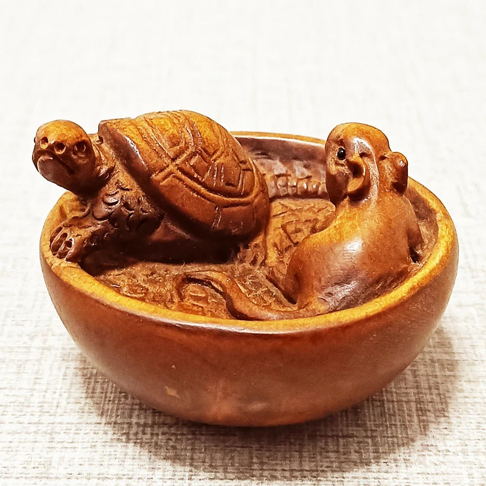 2" Boxwood Mouse & Turtle Netsuke – Japanese Animal Miniature