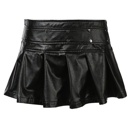 Punk-style Rivet-zip Pleated Leather Skirt