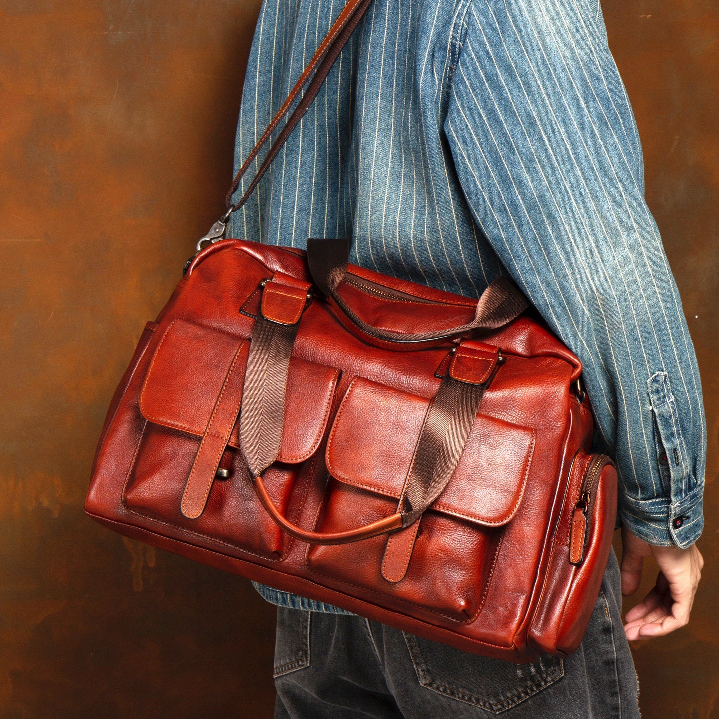 Full-grain Leather Vintage Tote Bag With Large Capacity