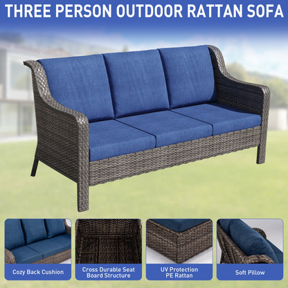 Outdoor Patio Set PE Rattan Swivel Chairs Gray Blue Footstools